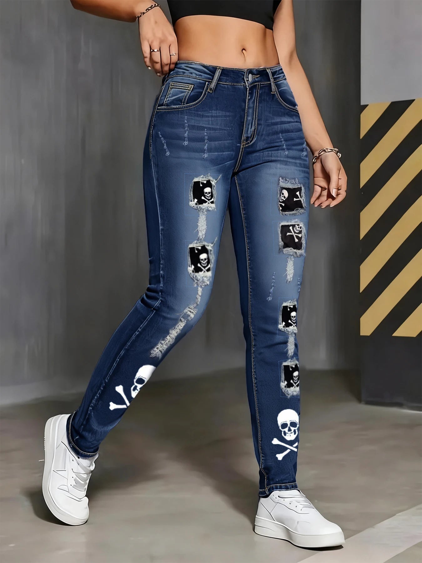 Women's Mid-Rise Patchwork Detail Slim Straight Denim Jeans with Comfortable Stretch Everyday Style