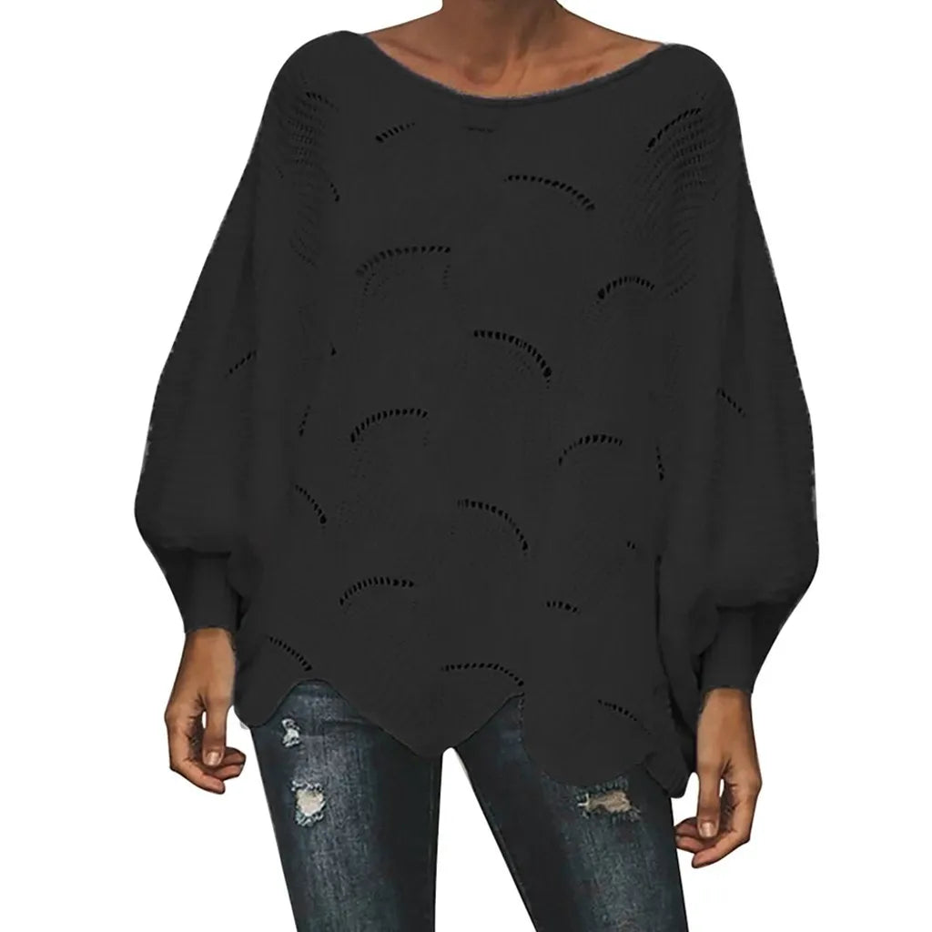 Women's Textured Knit Sweater with Cutout Pattern and Irregular Hem Design