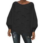 Women's Textured Knit Sweater with Cutout Pattern and Irregular Hem Design