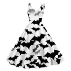 Black and White Bat Print A-Line Swing Dress with Double Spaghetti Straps