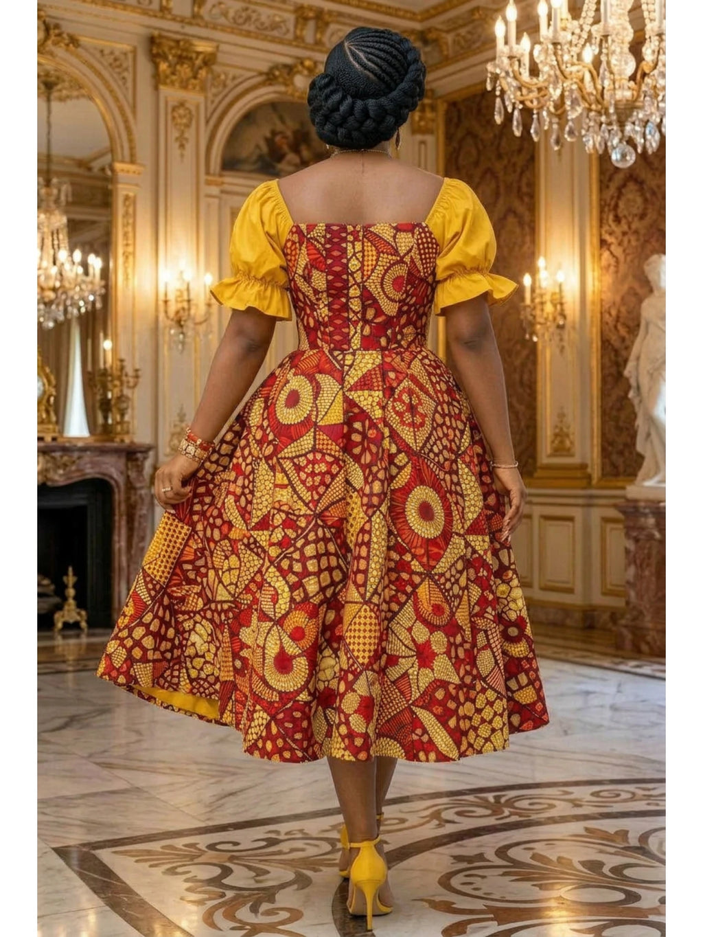 Regal Geometric Print Midi Dress with Contrast Puff Sleeves and Button Bodice