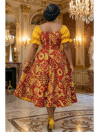 Regal Geometric Print Midi Dress with Contrast Puff Sleeves and Button Bodice