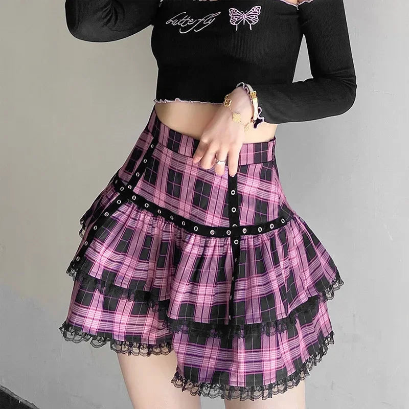 Plaid Tiered Ruffle Mini Skirt Lace Trim Gothic Inspired Alternative Bottom