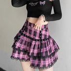 Plaid Tiered Ruffle Mini Skirt Lace Trim Gothic Inspired Alternative Bottom