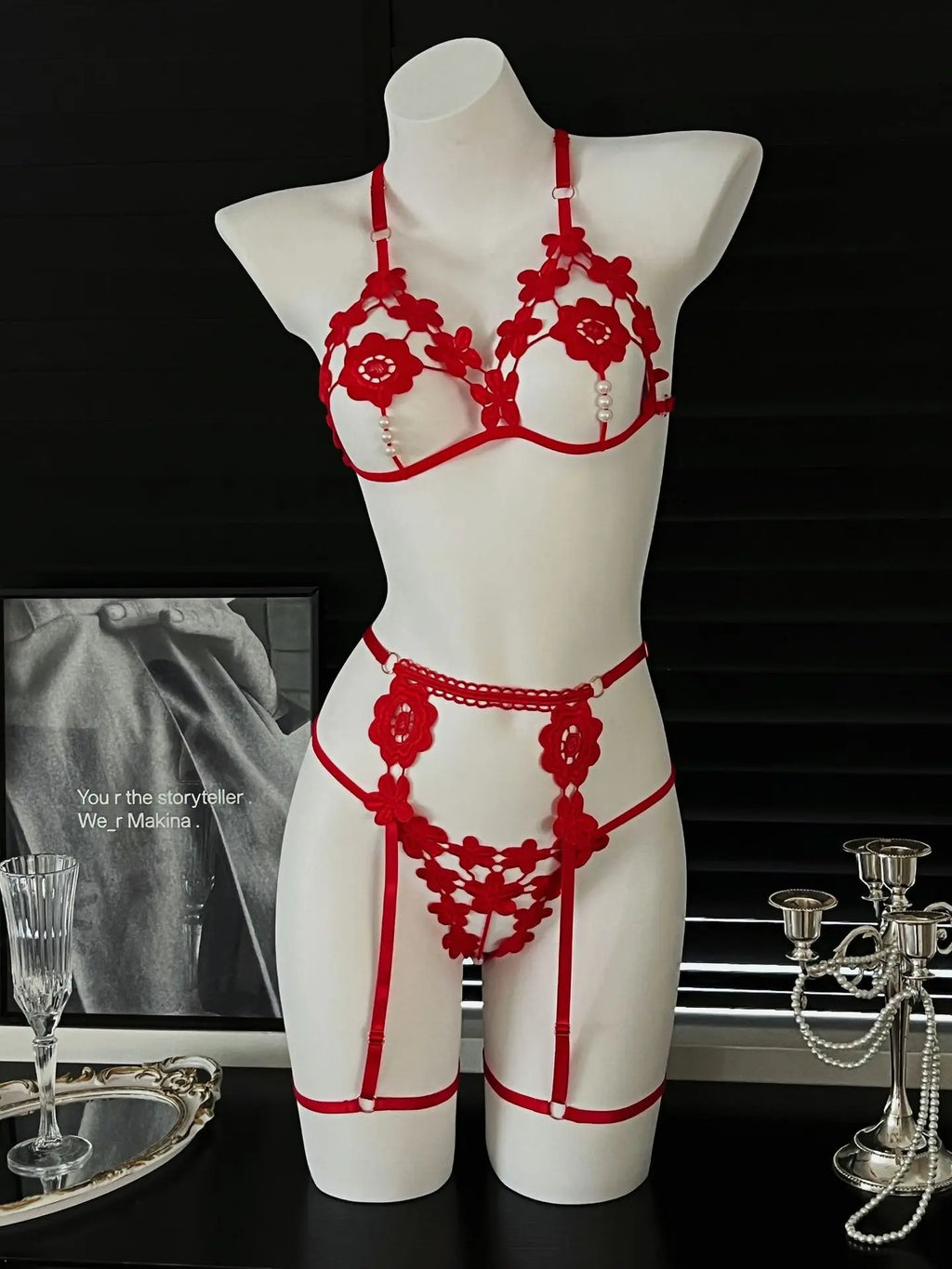 Vibrant Red Strappy Floral Appliqué Three-Piece Open Lingerie Set