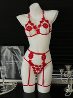 Vibrant Red Strappy Floral Appliqué Three-Piece Open Lingerie Set