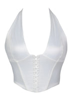 Sleek Black Satin Halter Bustier with Deep V-Neckline and Front Hook Closure