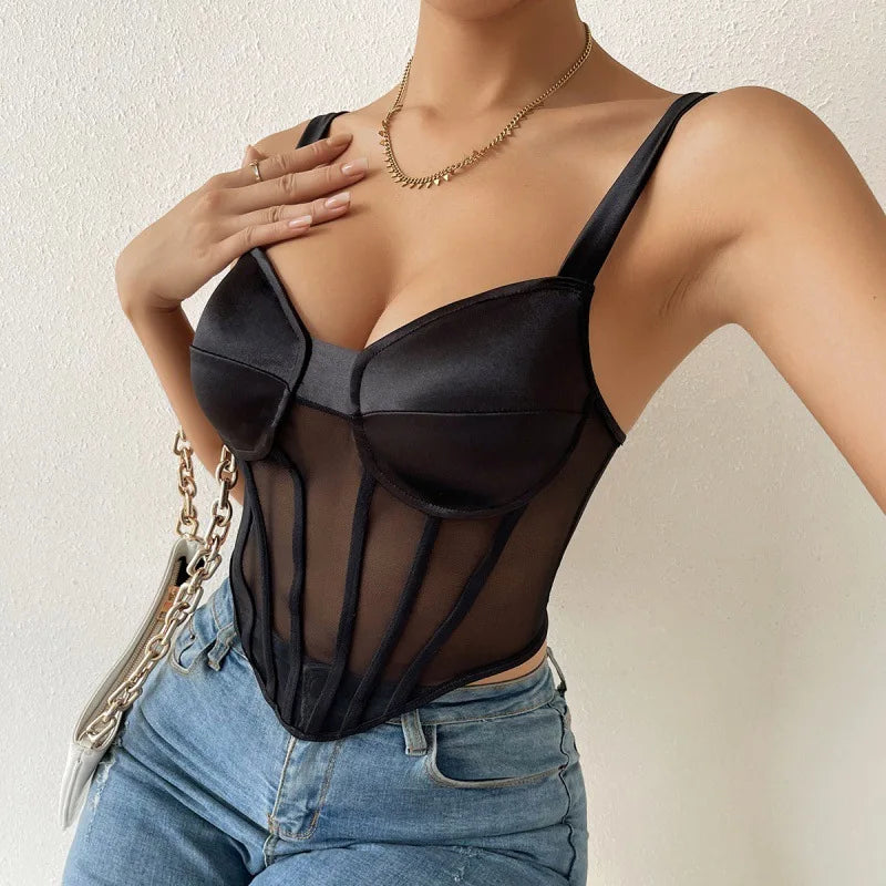 Sheer Mesh Bustier Corset Top with Structured Cups and Satin-Inspired Panels