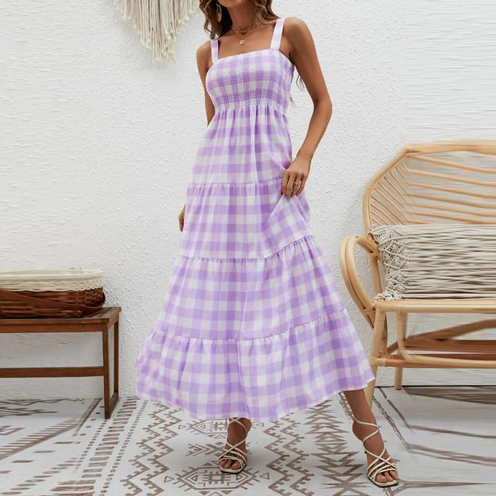 Yellow Gingham Tiered Maxi Dress with Smocked Bodice and Wide Straps