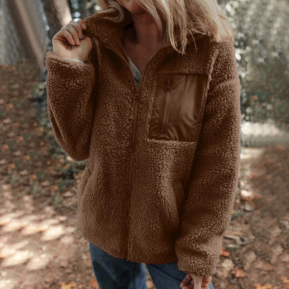 Women's Plush Teddy Fleece Zip Jacket with Relaxed Hooded Everyday Comfort Style