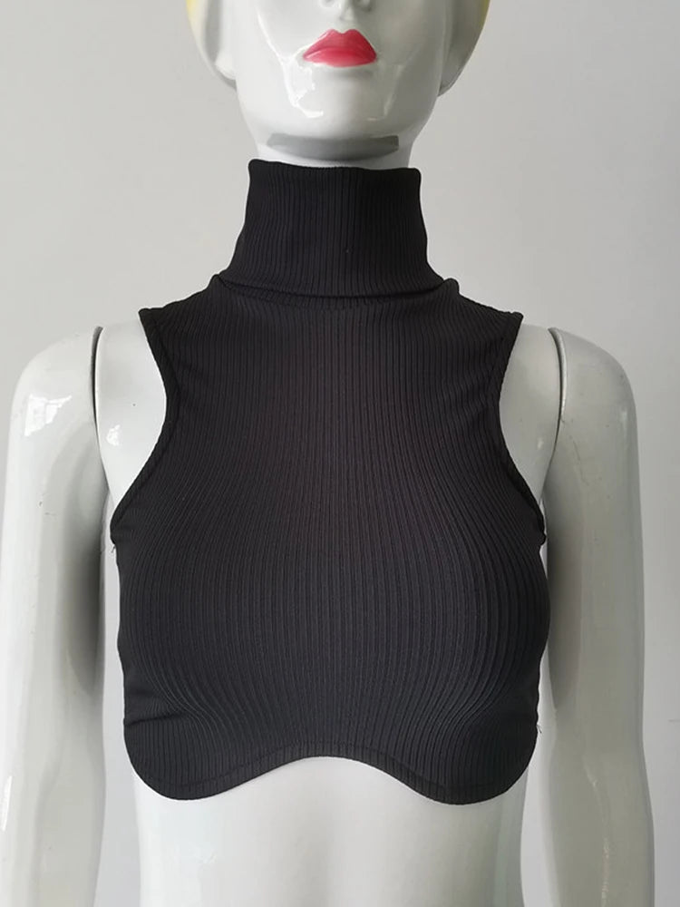 Ribbed Turtleneck Sleeveless Crop Top with Cutout Hem Slim Streetwear Fit