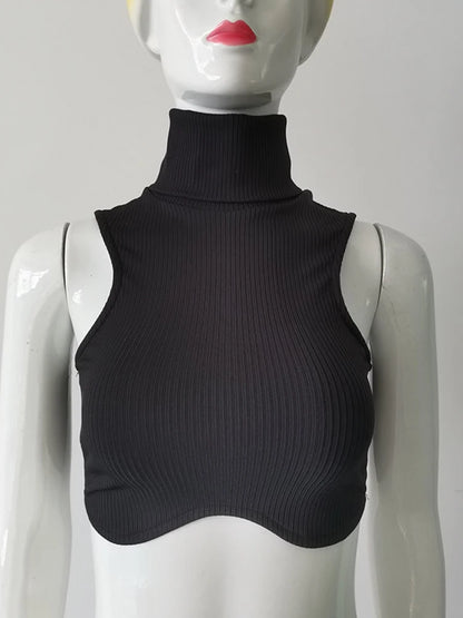 Ribbed Turtleneck Sleeveless Crop Top with Cutout Hem Slim Streetwear Fit