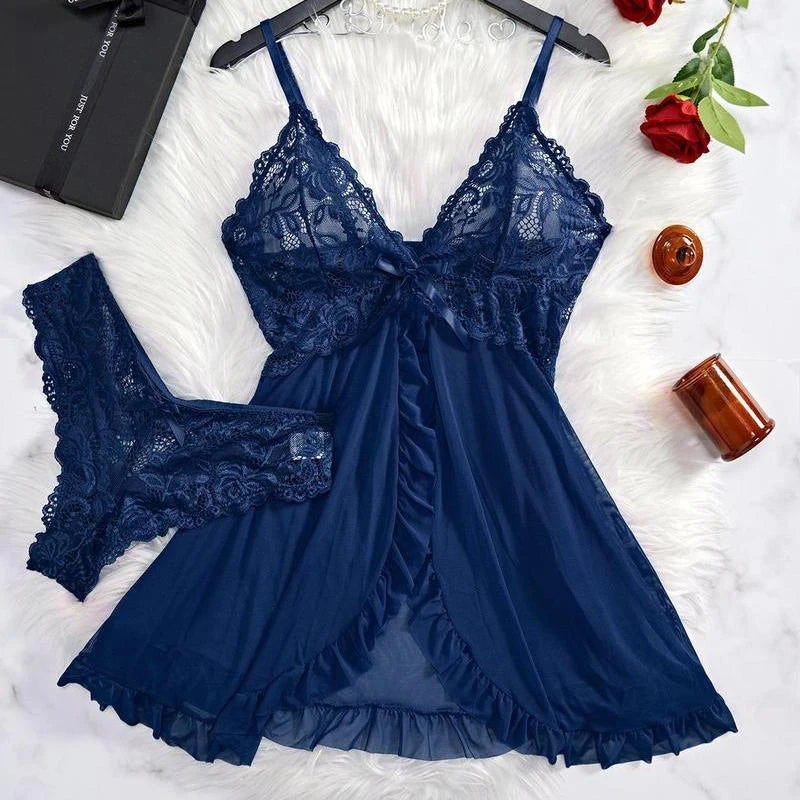 Sheer Black Mesh Split-Front Babydoll Set with Floral Lace Bodice