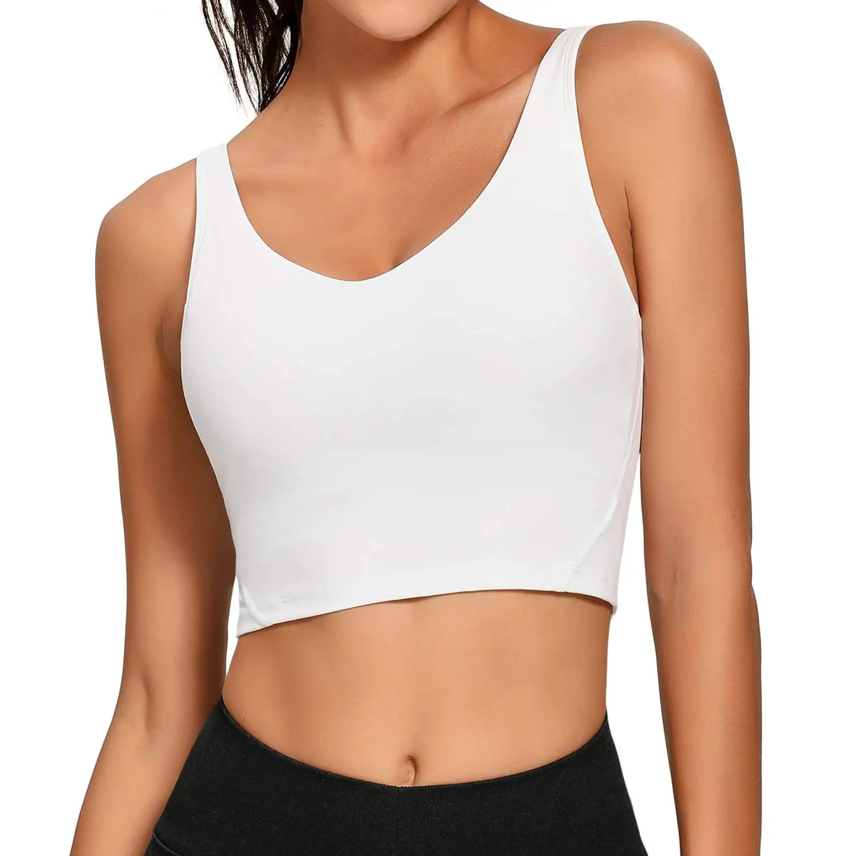 Longline Solid Black Sports Bra with Scoop Neckline and Medium Support