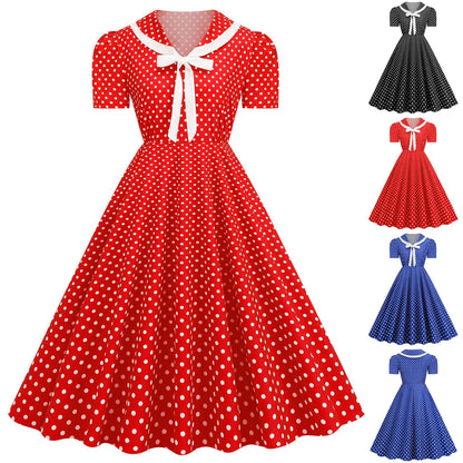 Retro Polka Dot Bow Detail Alternative Swing Dress