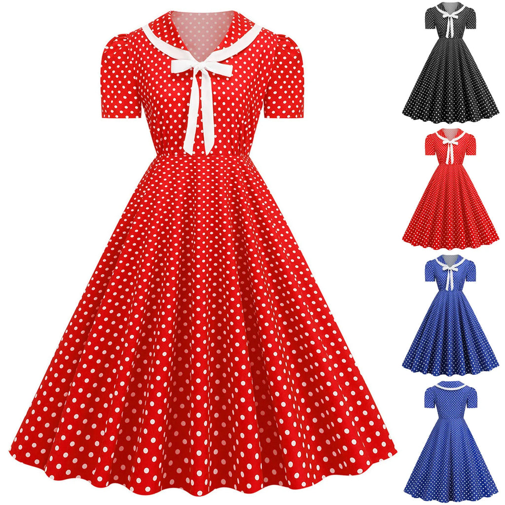Retro Red and White Polka Dot Swing Dress with Bow Collar