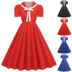 Retro Red and White Polka Dot Swing Dress with Bow Collar