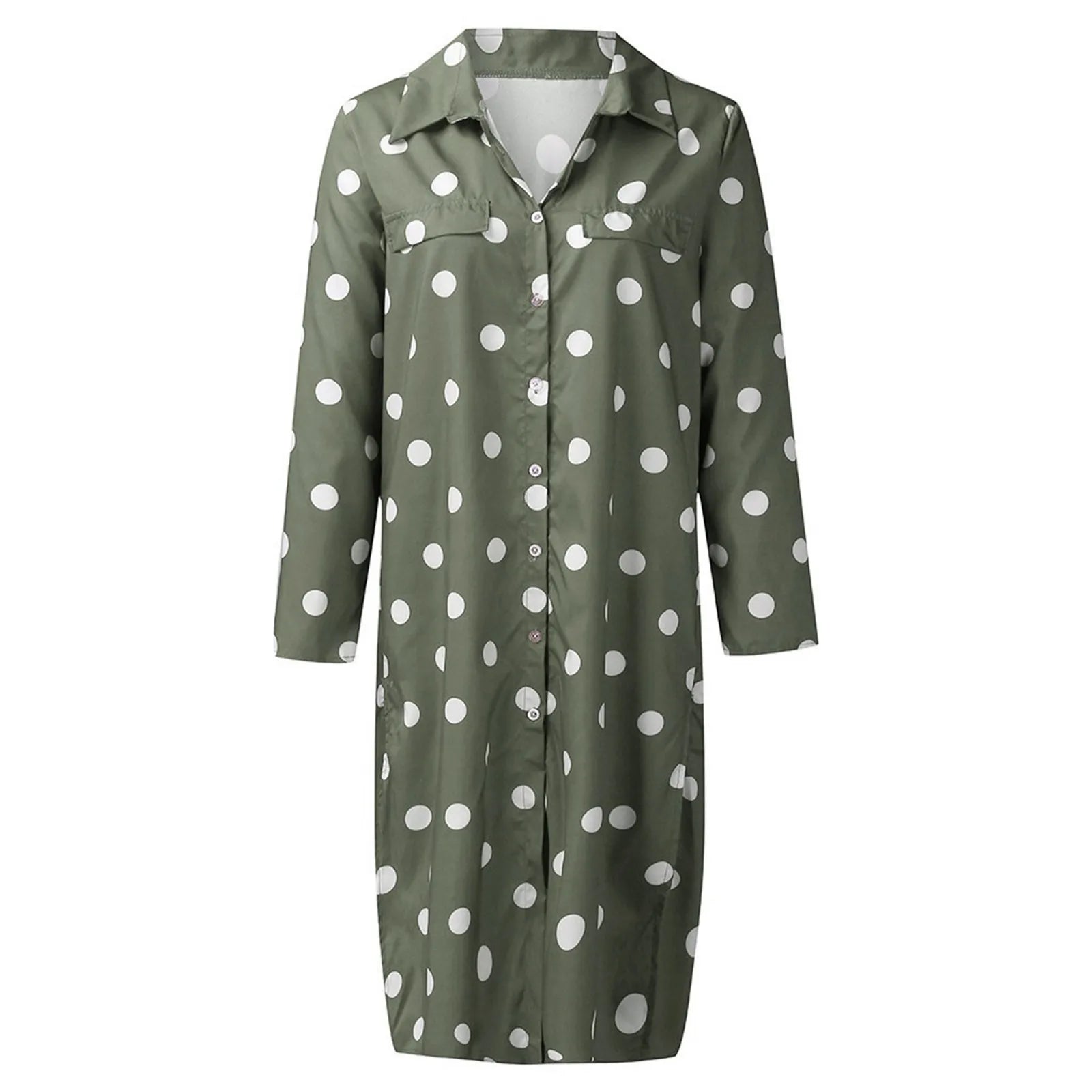 Button Front Polka Dot Maxi Shirt Dress with Belt and Side Split