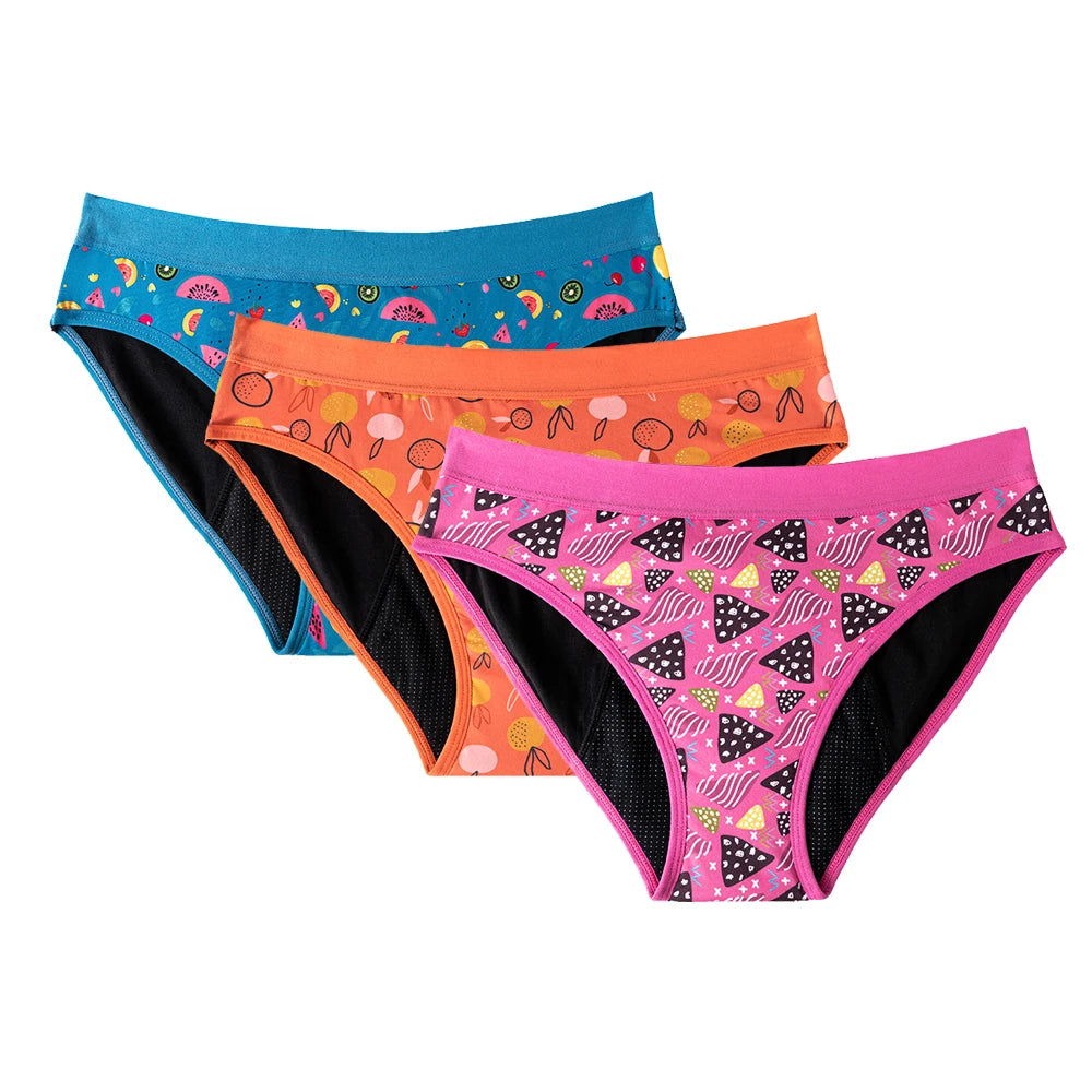 Three-Piece Floral Print Menstrual Brief Set with Contrast Waistbands