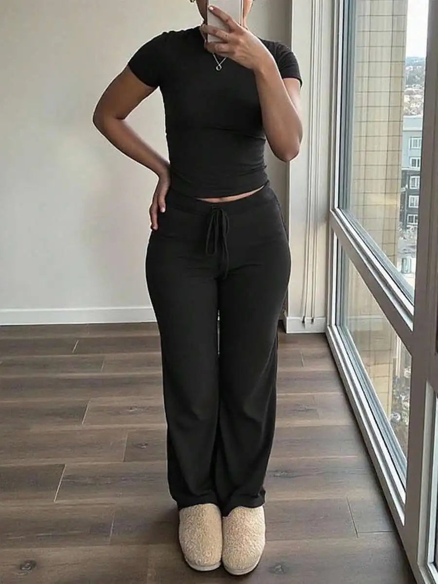Women's Short Sleeve T-Shirt and Pants Co-Ord Set Relaxed Casual Outfit