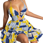 Tropical Ruffle Mini Dress with Playful Manga-Inspired Styling