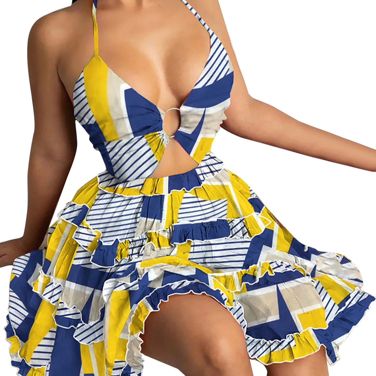 Tropical Ruffle Mini Dress with Playful Manga-Inspired Styling