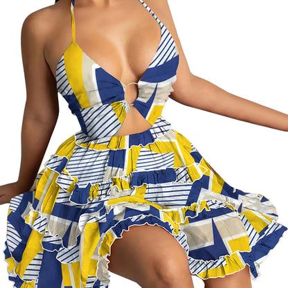 Tropical Ruffle Mini Dress with Playful Manga-Inspired Styling