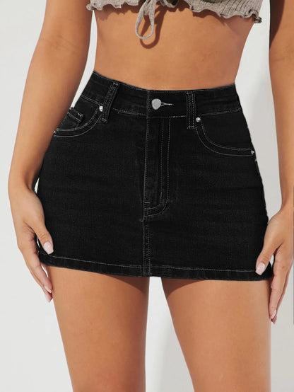 High Waist Stretch Denim Mini Skirt with Pocket Detail Slim Fit