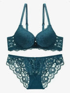 Rich Berry Floral Lace Push-Up Bra and Scalloped Panty Set with Double Strap Detail