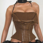 Earthy Brown Ribbed Strapless Corset Top with Dramatic Front Lace-Up Detailing