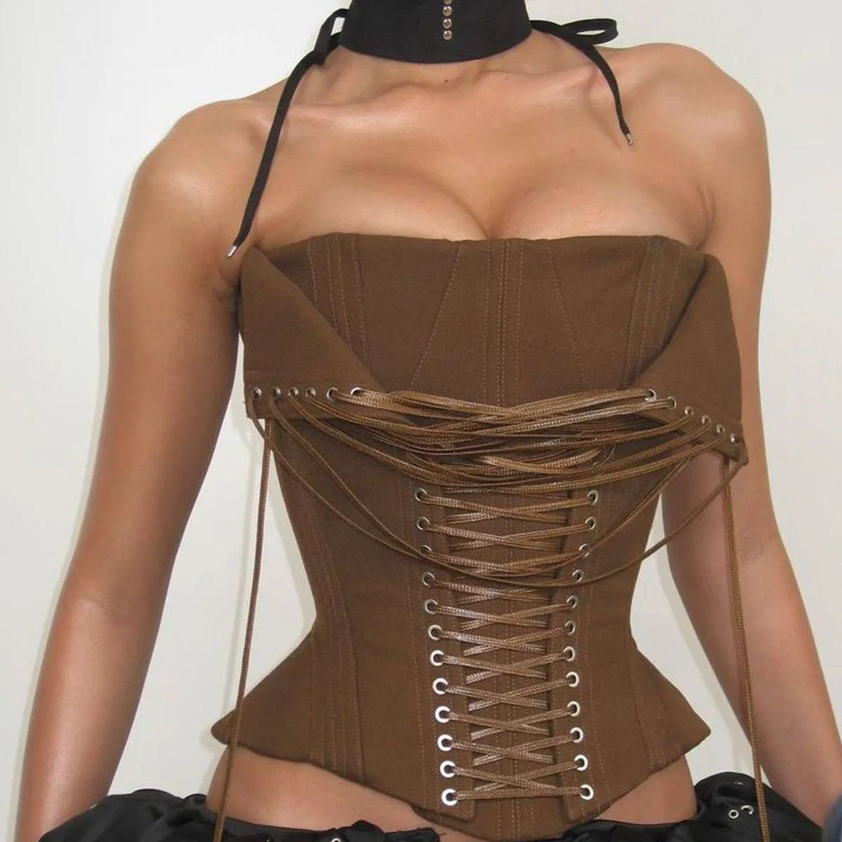 Earthy Brown Ribbed Strapless Corset Top with Dramatic Front Lace-Up Detailing