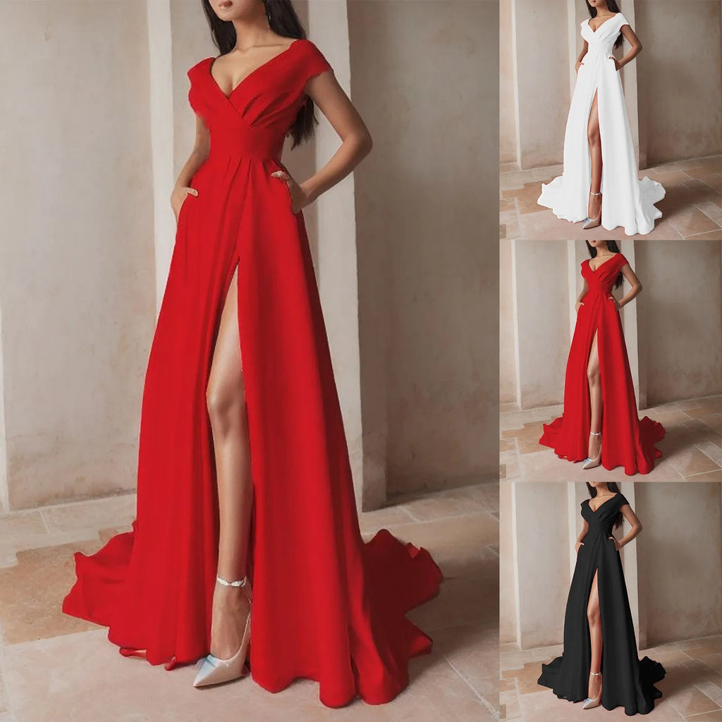 Off Shoulder Maxi Dress With Deep Neckline And Front Slit