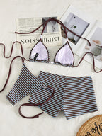 Three-Piece Striped Halter Bikini Set with Matching Swim Shorts