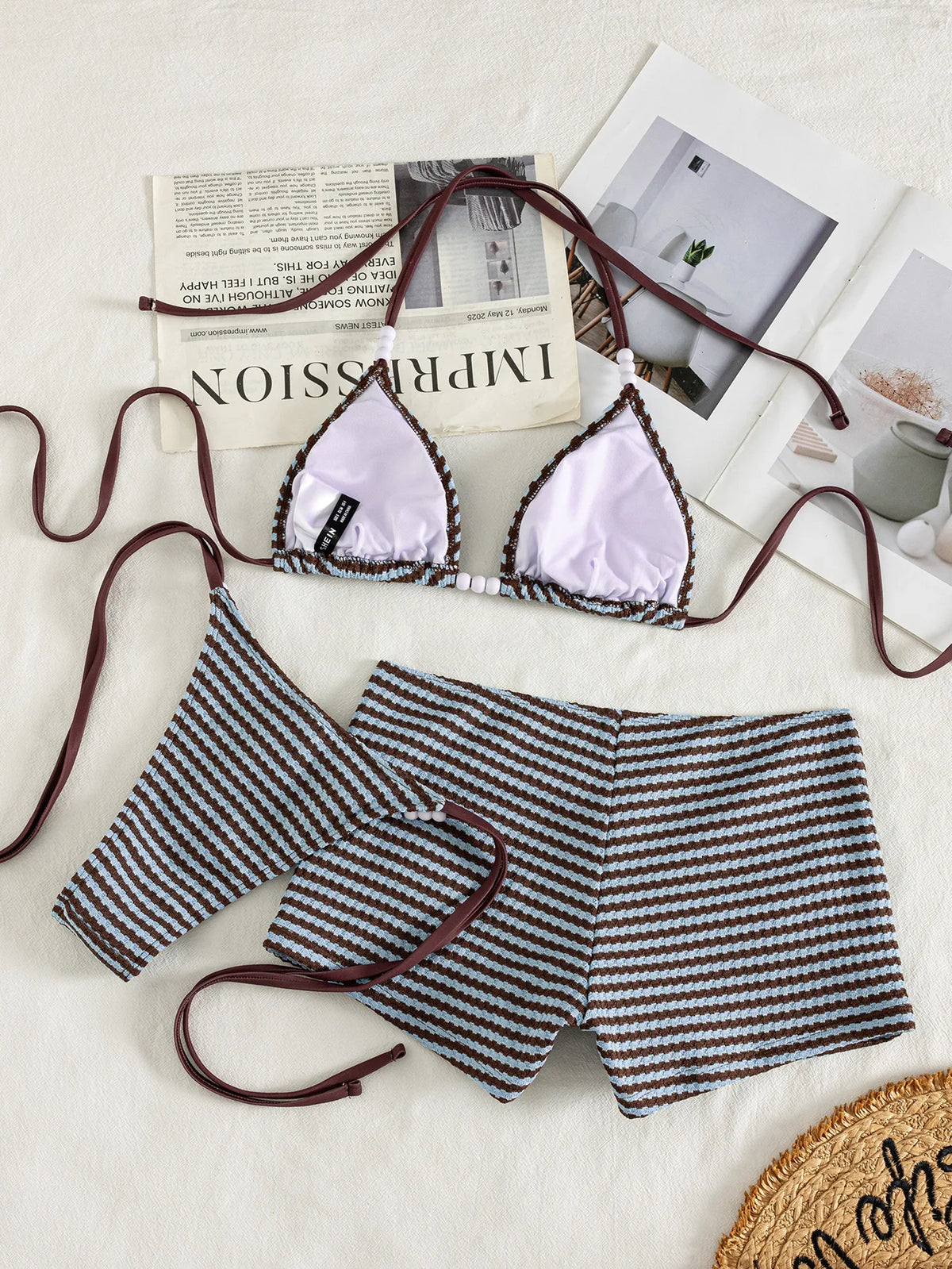 Three-Piece Striped Halter Bikini Set with Matching Swim Shorts