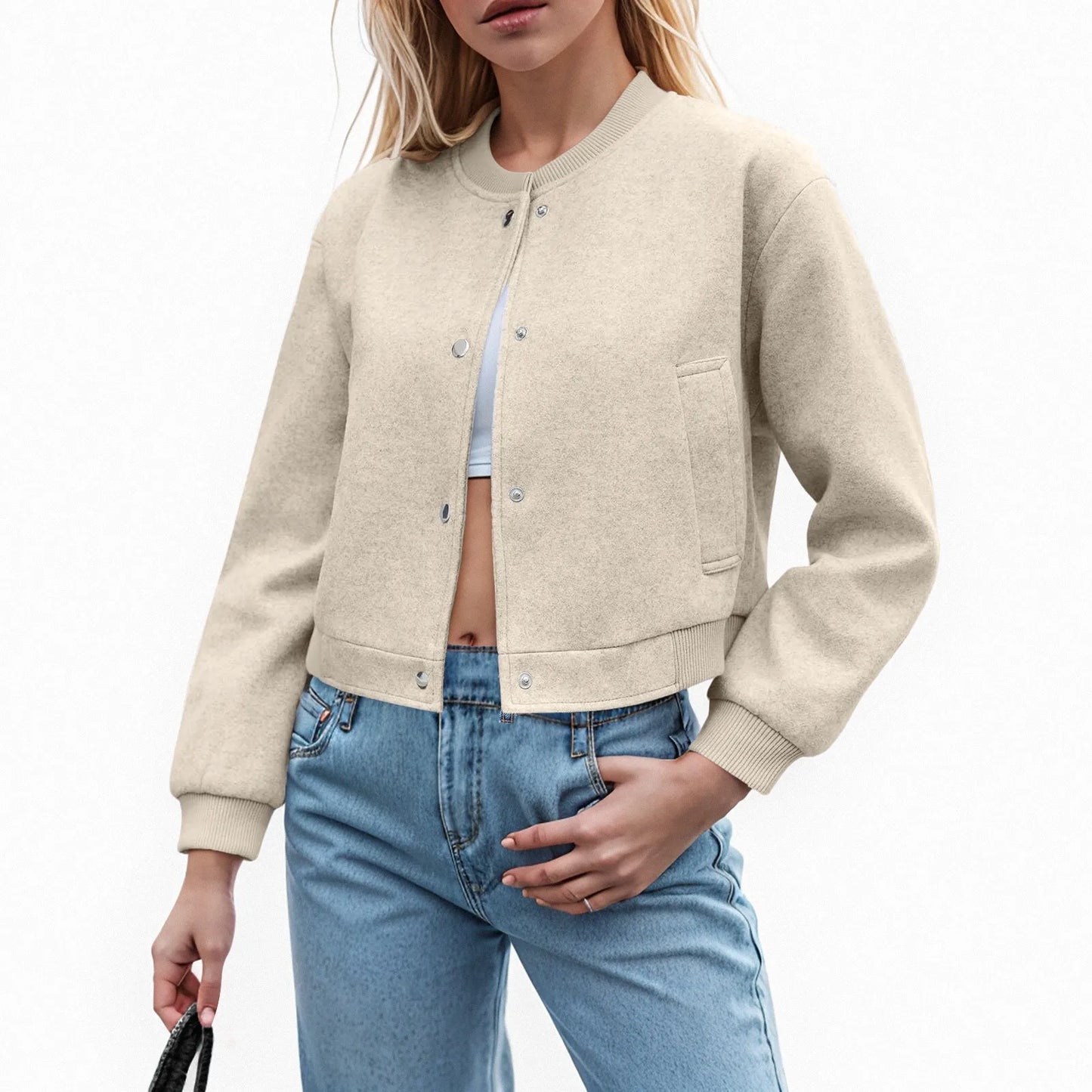 Women's Cropped Button Front Bomber Jacket Relaxed Casual Streetwear Layering Outerwear