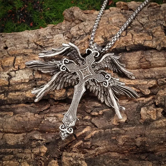 Vintage Gothic Angel Wing Cross Pendant Necklace for Alternative Statement Styling
