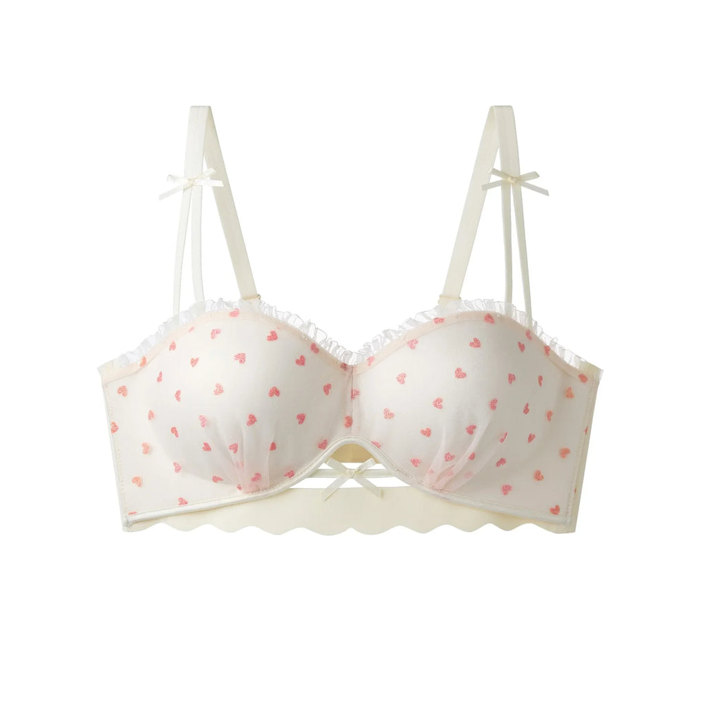 Sweet Polka Dot Demi Bra with Scalloped Edging and Contrast Strap Panty Set