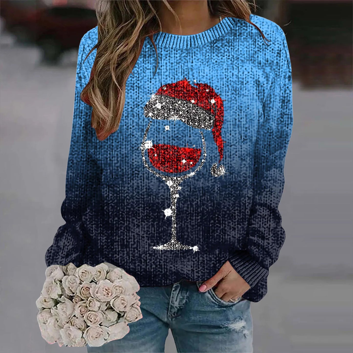 Women's Festive Graphic Crew Neck Thick Knit Pullover Sweater With Relaxed Fit