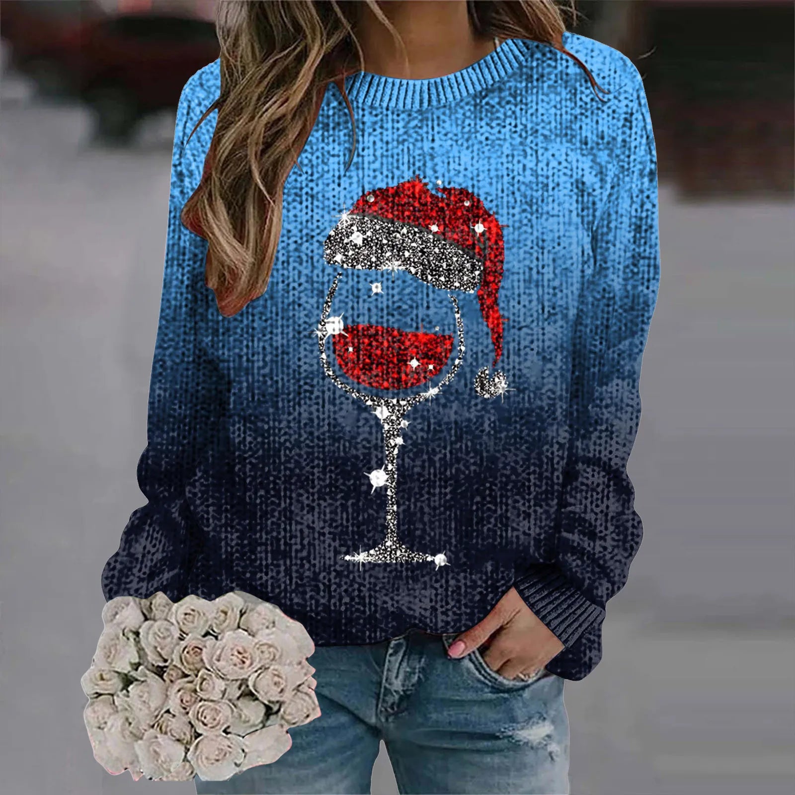 Women's Festive Graphic Crew Neck Thick Knit Pullover Sweater With Relaxed Fit