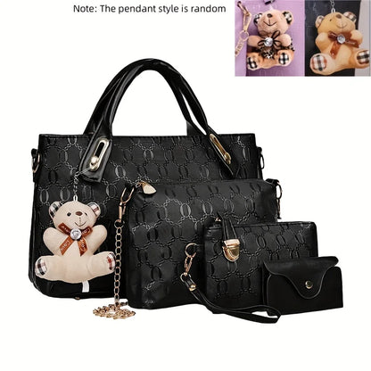 Embossed PU Leather Tote Bag Set with Crossbody Purse and Wallet