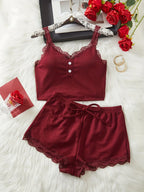 Fine Ribbed Camisole Crop Top and Ruffled Lounge Shorts Two-Piece Sleepwear Set