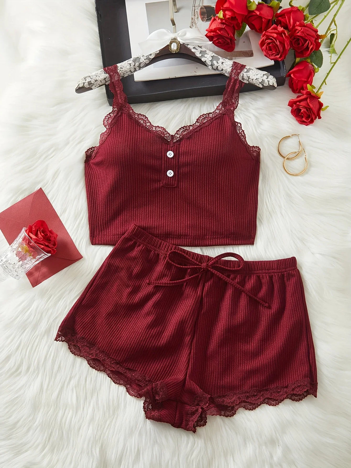 Fine Ribbed Camisole Crop Top and Ruffled Lounge Shorts Two-Piece Sleepwear Set