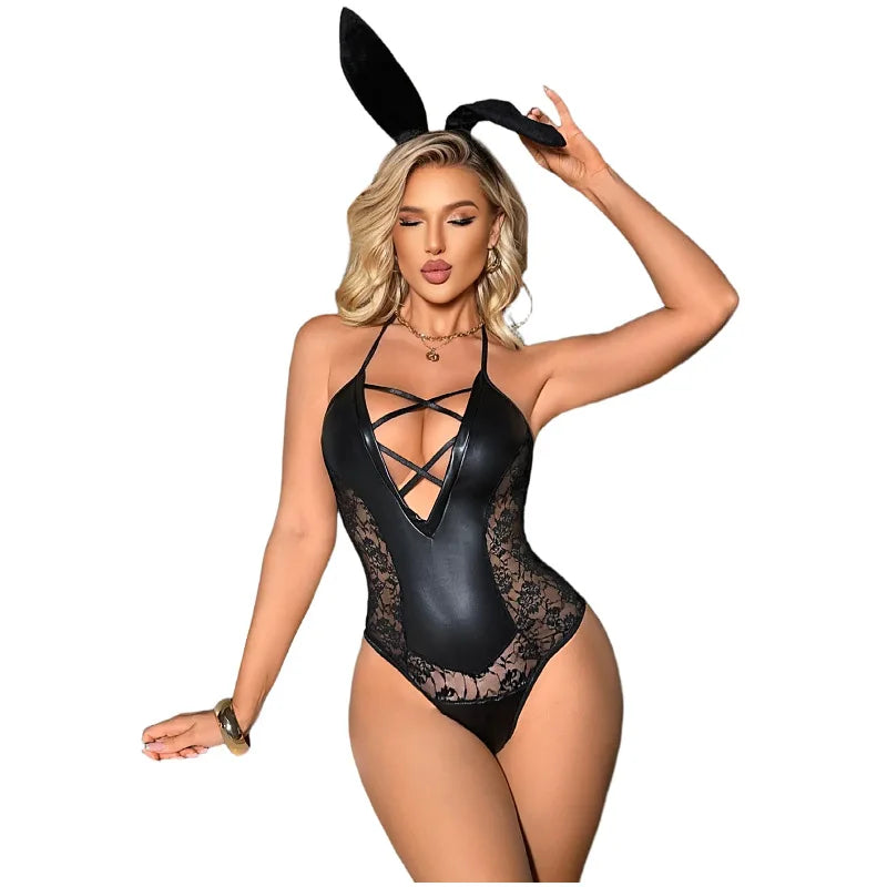 Glossy Black Strappy Bodysuit with Floral Lace Side Panels and Bunny Accessories