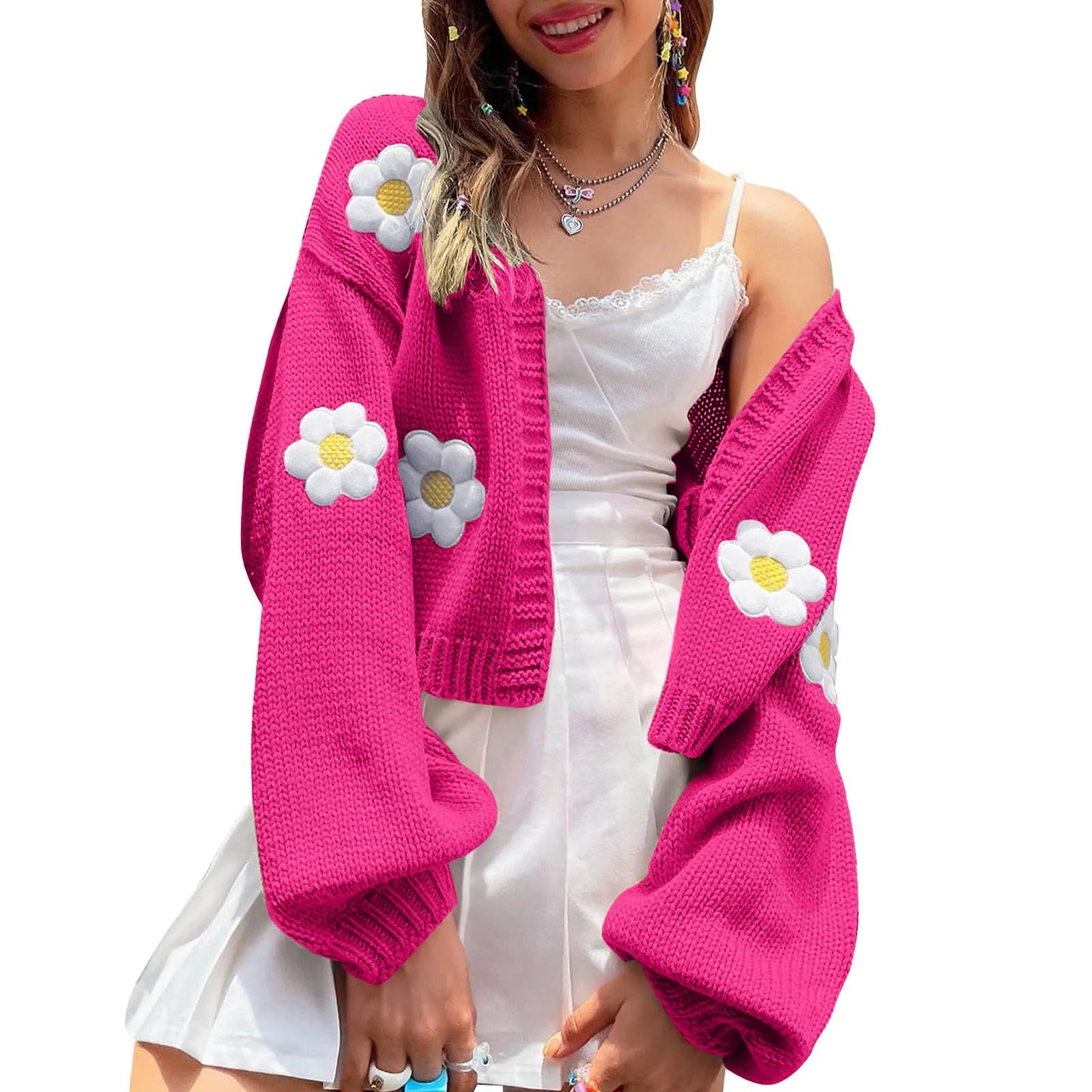 Women's Floral Knit Cardigan Relaxed Fit Contemporary Layering Sweater