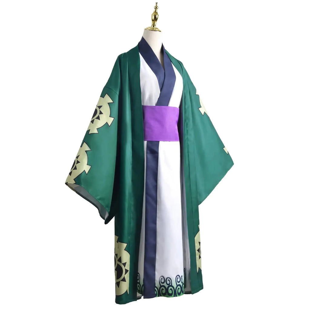 Layered Green Kimono-Style Robe Set with Contrast Sash and Gold-Tone Earrings