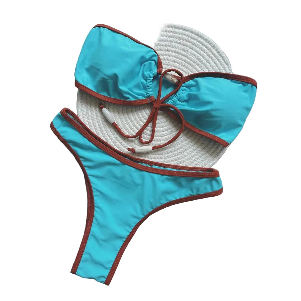 Bright Blue Bandeau Bikini with Contrast Trim and Front Drawstring Detail
