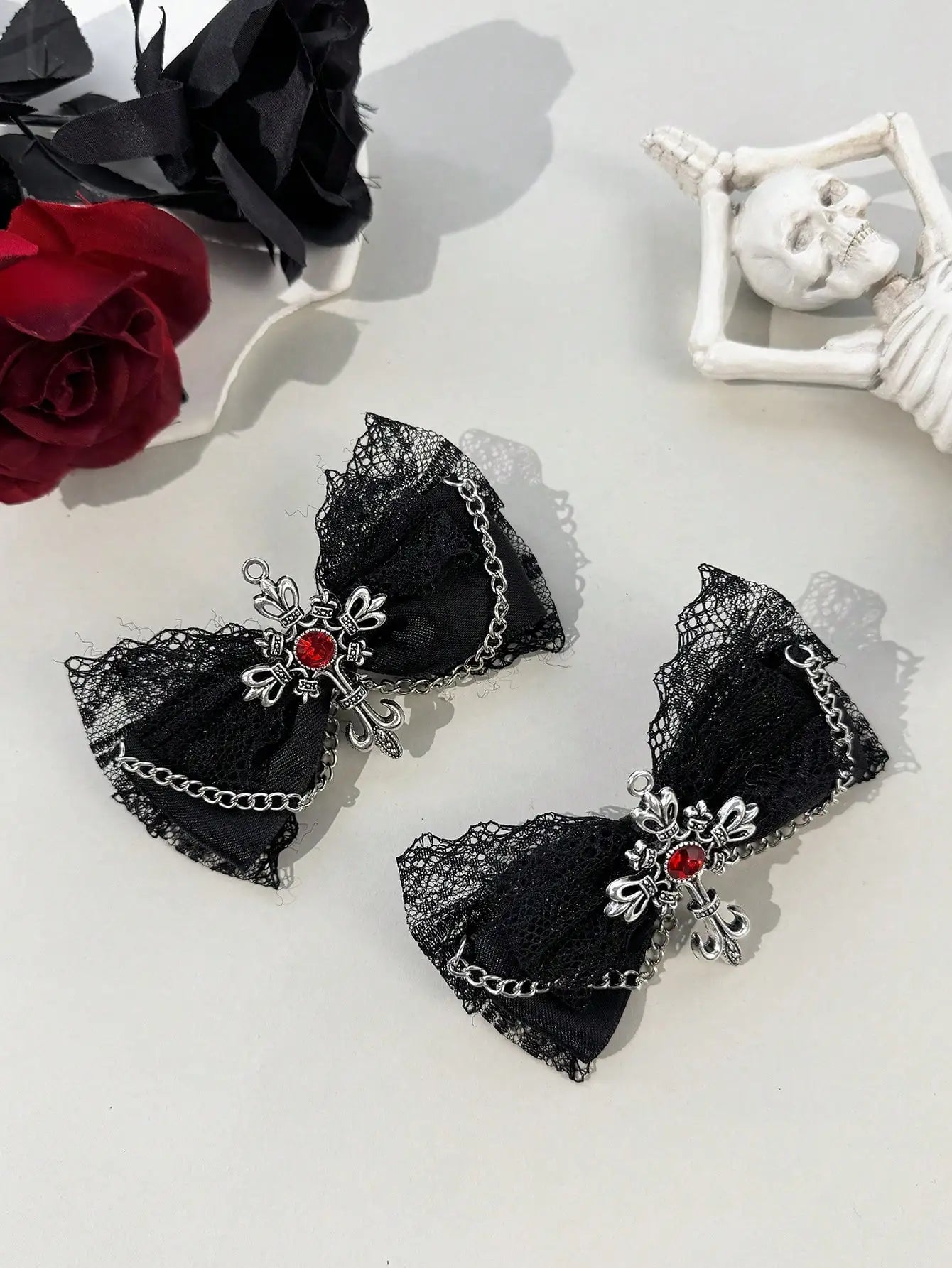 Gothic Lace Bow Hair Clips With Cross Chain Statement Accents