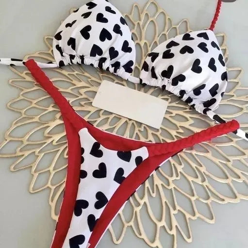 Playful Heart Print Triangle Bikini Set with Braided Pink Strap Detailing