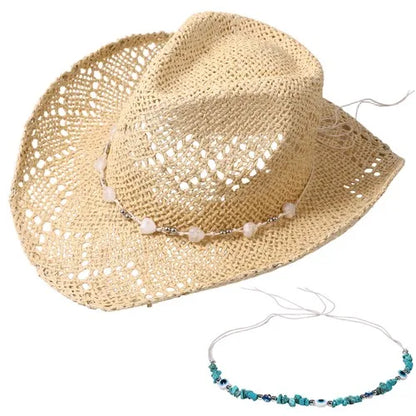 Women's Wide Brim Straw Cowgirl Hat with Decorative Beaded Band for Summer Outdoor Wear