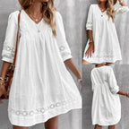 V-Neck Lace Panel Swing Mini Dress with Relaxed Flowy Silhouette
